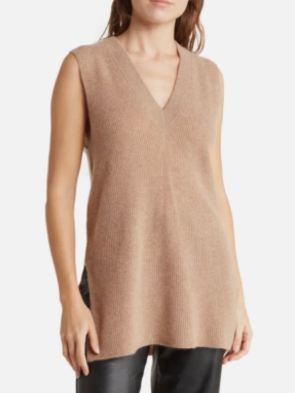 Skull Cashmere Fiona V-Neck Cashmere Tunic Sweater Soft Luxury Tan Sz L New